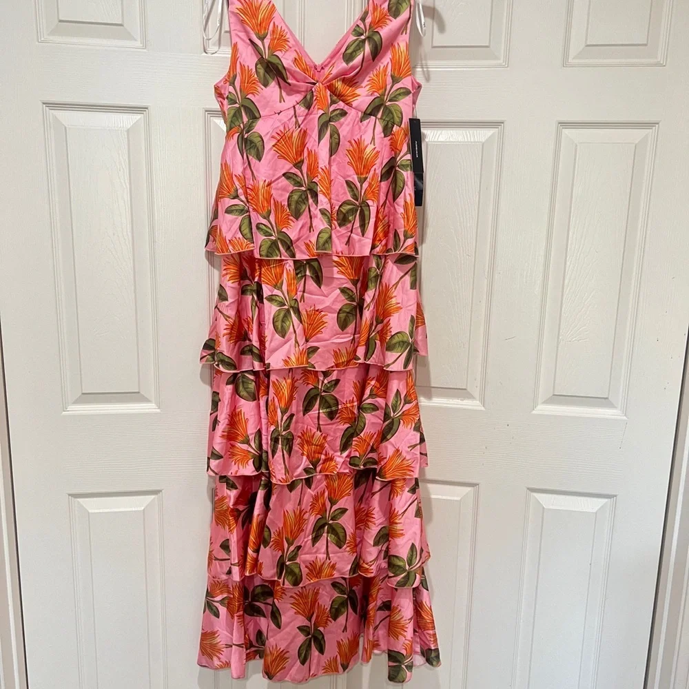 LULUS Party In Palm Springs Pink Floral Tiered Maxi Dress Satin Size medium - Picture 4 of 13